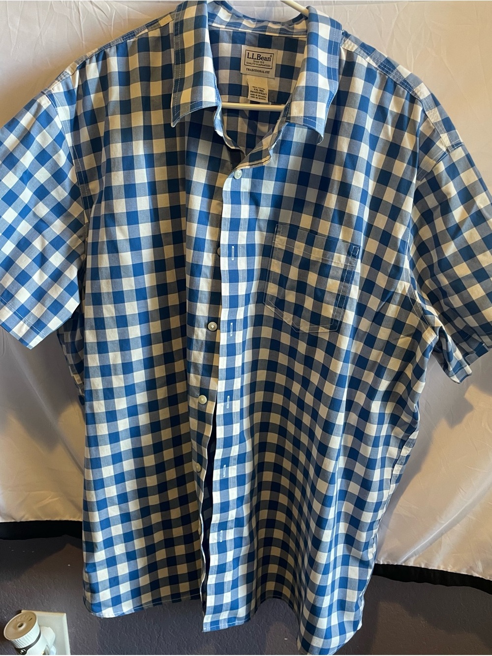 L.L. Bean Blue and White Gingham Short-Sleeve Button-Down Shirt